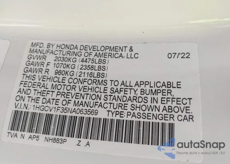 2022 Honda Accord Sport из США, поврежденный, VIN 1HGCV1F35NA063569